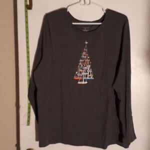 Talbots Christmas holiday sailboat long sleeve t-shirt Gray knit top 2x xxl